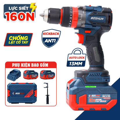 Máy khoan pin Boshun BS-ID160PRO, đầu kẹp Autolock 13mm, lực siết 160N.m, 3 chức năng, tắt mở anti kickback
