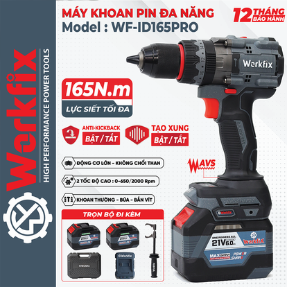 Máy khoan pin Workfix WF-ID165PRO, lực 165N, chống lật cổ tay, giảm chấn AVS