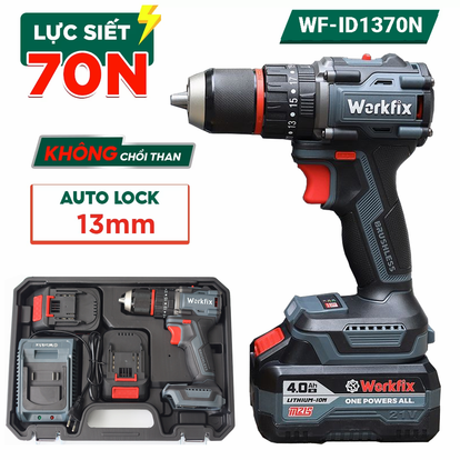 Máy khoan pin 13mm Workfix WF-ID1370N Lực siết 70N.m Autolock, bộ 2 Pin 10Cell