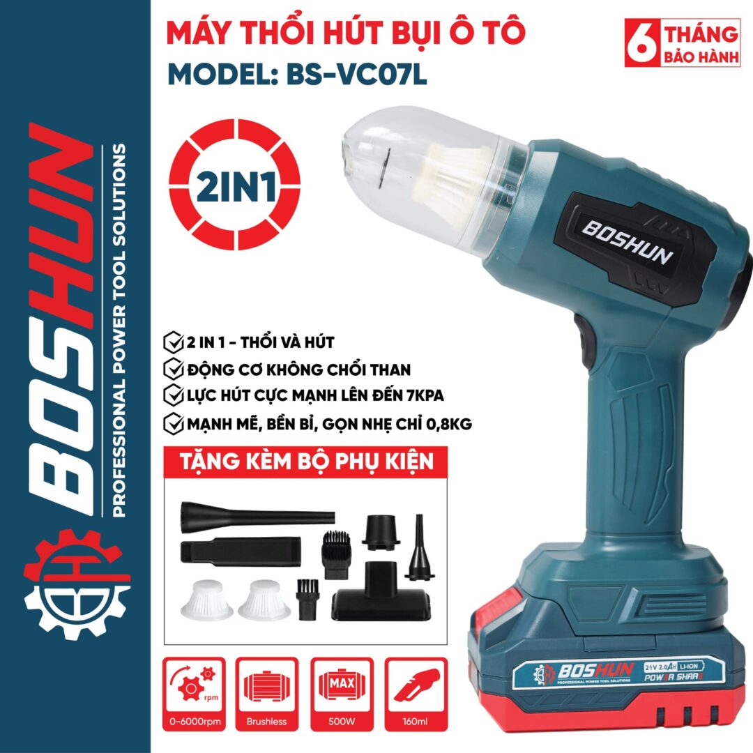 Máy hút bụi mini pin Boshun BS-VC07L (7000Pa) - Vệ sinh ô tô, bàn làm việc - image 1